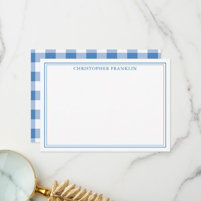 Personalised Blue Plaid New Baby Stationery Thank You Card (Front/Back In Situ)
