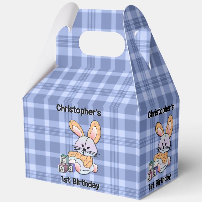 Personalised Blue Plaid Nursery Art - Bunny Favour Box (Back)