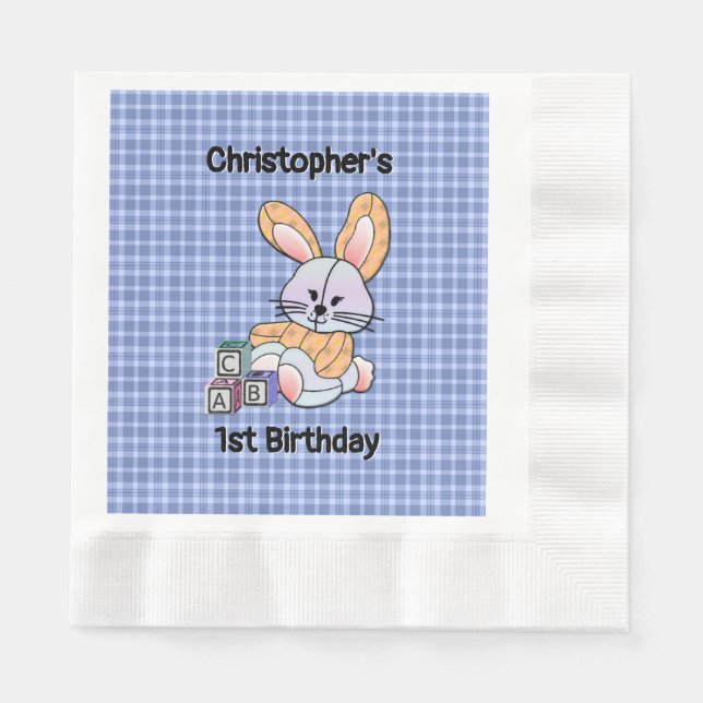 Personalised Blue Plaid Nursery Art - Bunny Napkin (Front)