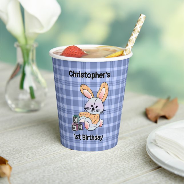Personalised Blue Plaid Nursery Art - Bunny Paper Cups (Insitu)