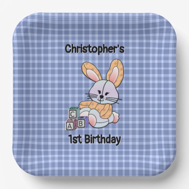 Personalised Blue Plaid Nursery Art - Bunny Paper Plate (Front)