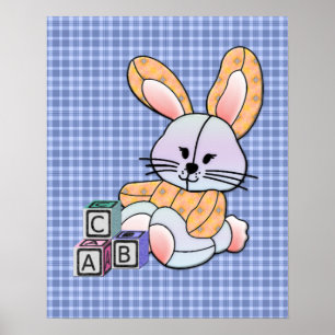 Personalised Blue Plaid Nursery Art - Bunny Poster