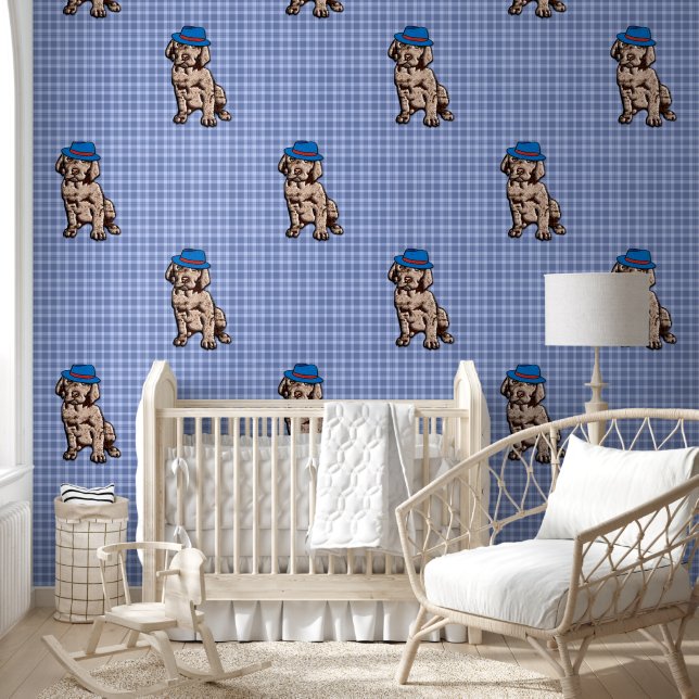 Personalised Blue Plaid Nursery Art - Dog  Wallpaper (Kids)