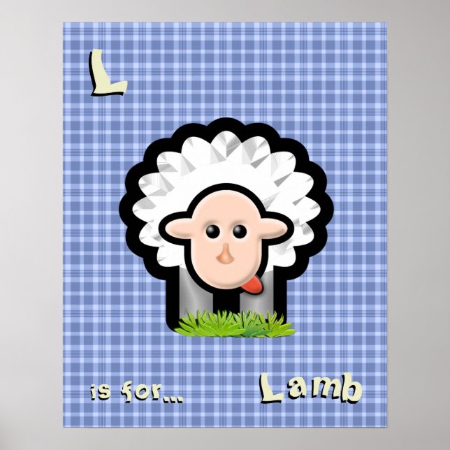Personalised Blue Plaid Nursery Art - Lamb Poster (Front)