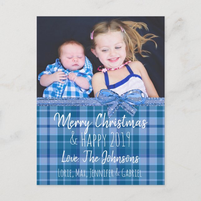 Personalised Blue Plaid Photo Christmas Card (Front)