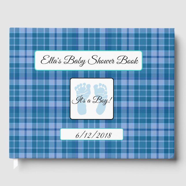 Personalised Blue Plaid Stripes Baby Shower Book (Front)