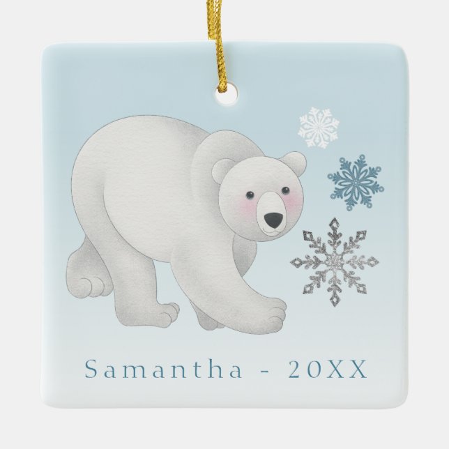 Personalised Blue Polar Bear Ceramic Ceramic Ornament (Front)