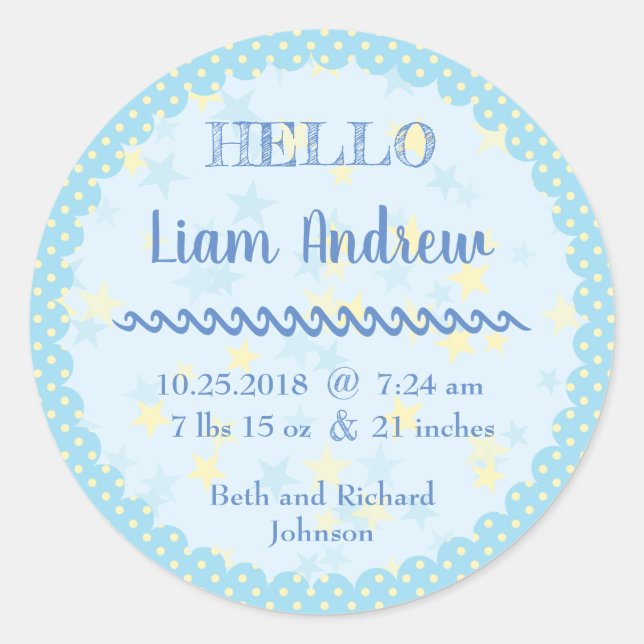 Personalised Blue Polka Dot N’ Stars Classic Round Sticker (Front)