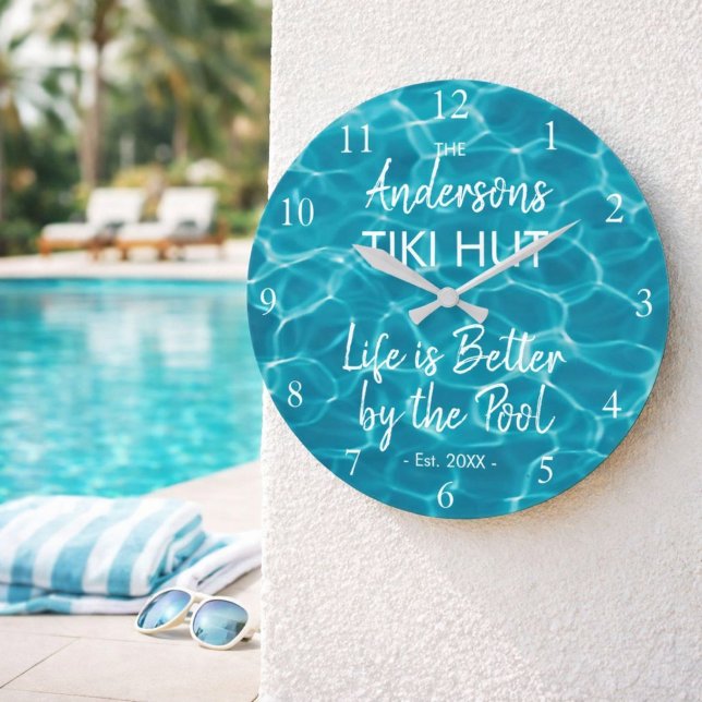 Personalised Blue Pool Family Name Tiki Hut Large Clock (Creator Uploaded)