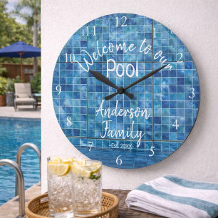 Personalised Blue Pool Water Welcome to our Pool Large Clock