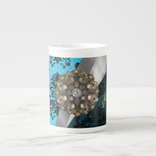 Personalised blue pretty girly damask pattern bone china mug