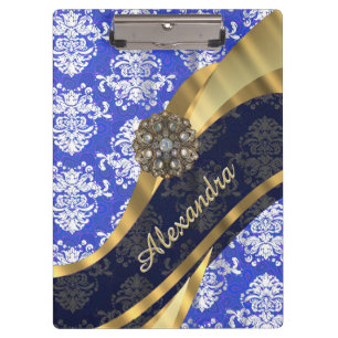 Personalised blue pretty girly damask pattern clipboard