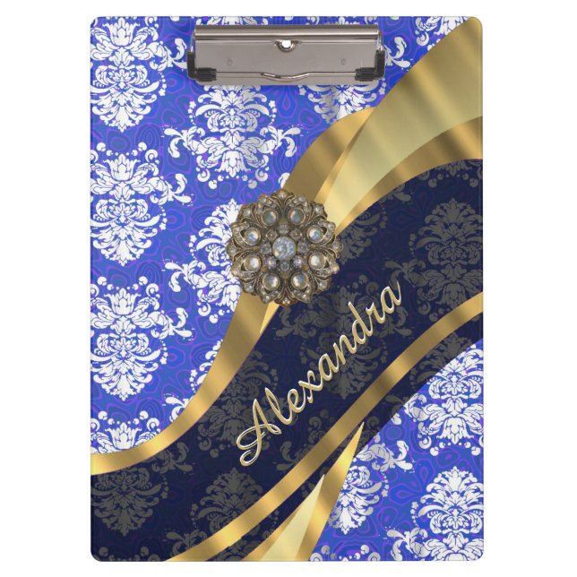 Personalised blue pretty girly damask pattern clipboard (Front)