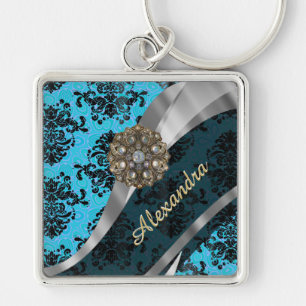 Personalised blue pretty girly damask pattern key ring