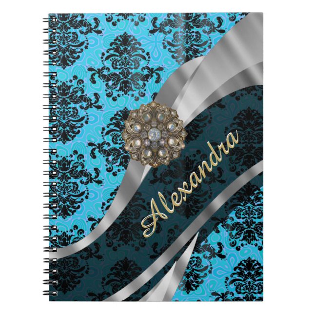 Personalised blue pretty girly damask pattern notebook (Front)