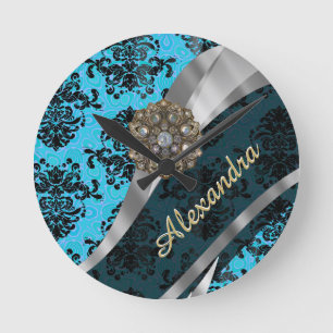 Personalised blue pretty girly damask pattern round clock