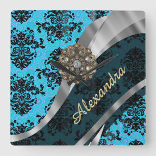 Personalised blue pretty girly damask pattern square wall clock