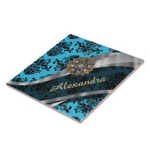 Personalised blue pretty girly damask pattern tile