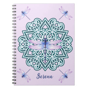 Personalised Blue Purple Dragonfly Mandala Pink Notebook