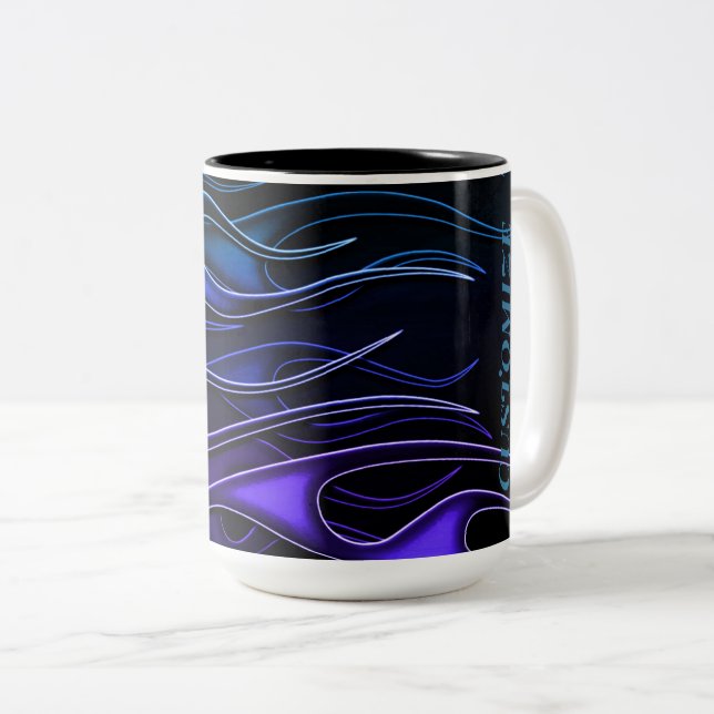 Personalised Blue & Purple Flames Two-Tone Coffee Mug (Front Right)