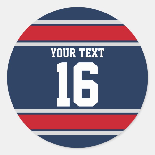 Personalised Blue Red and Silver Sport Stripes Classic Round Sticker (Front)