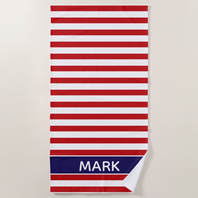 Personalised  Blue Red And White Cabana Stripe Beach Towel (Front)