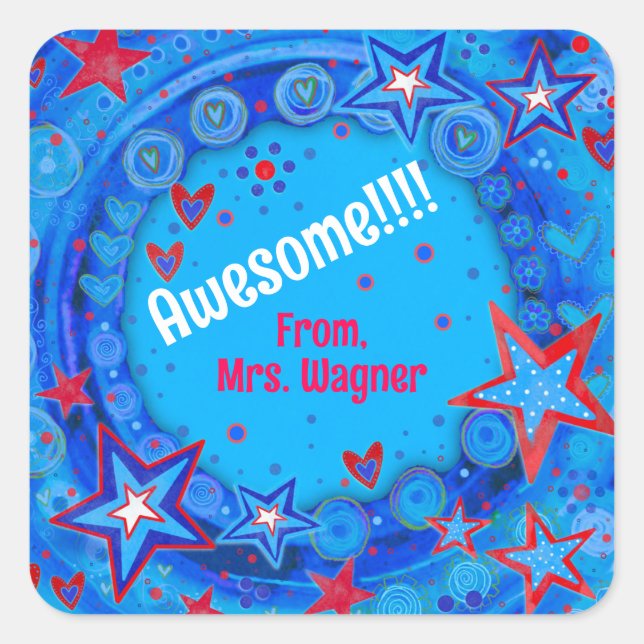 Personalised Blue Red Stars Motivational Teacher  Square Sticker (Front)