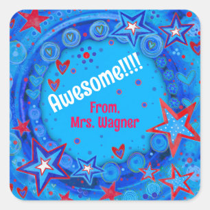 Personalised Blue Red Stars Motivational Teacher Square Sticker