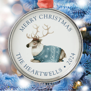 Personalised Blue Reindeer Merry Christmas Metal Tree Decoration
