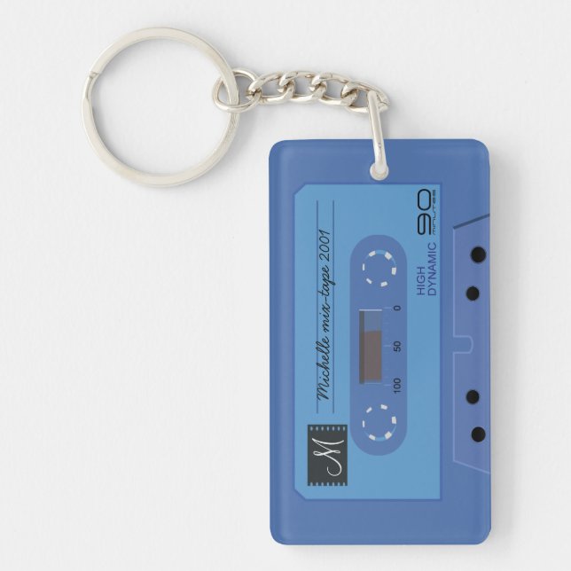 Personalised Blue retro Cassette mix-tape Key Ring (Front)