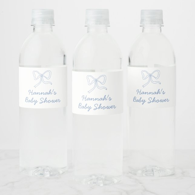 Personalised Blue Ribbon Coquette Bow Baby Shower Water Bottle Label (Bottles)