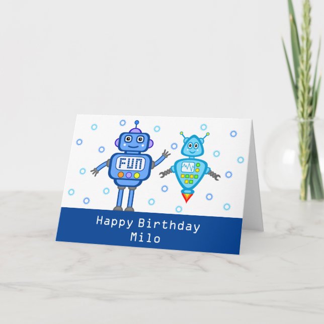Personalised Blue Robots Happy Birthday Card (Front)