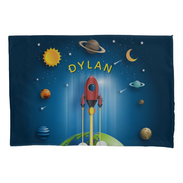 Personalised Blue Rocket Ship Pillowcase (Front)