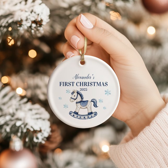Personalised Blue Rocking Horse First Christmas Ceramic Tree Decoration (Creator Uploaded)