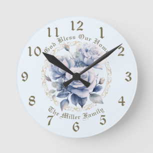 Personalised Blue Rose Clock God Bless Our Home