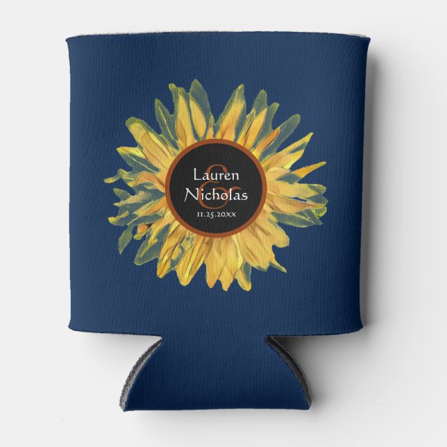 Personalised Blue Rustic Sunflower Wedding Can Cooler (Front)
