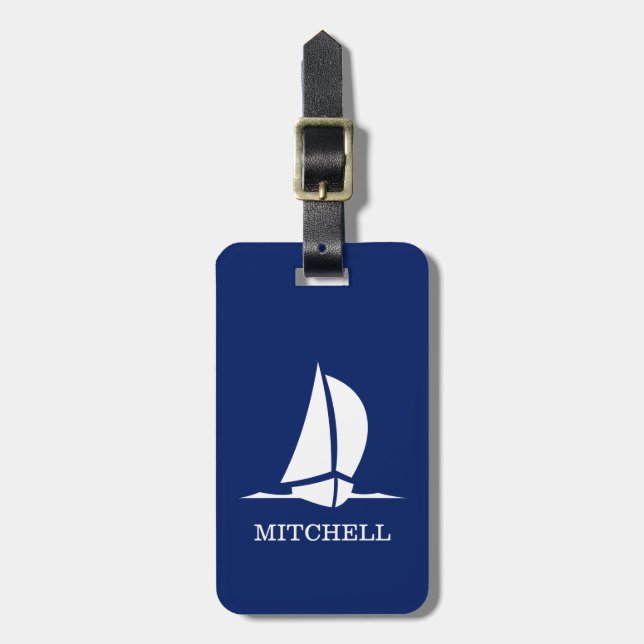 Personalised Blue Sailboat Luggage Tag (Front Vertical)
