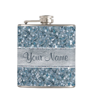 Personalised Blue Sequins Silver Foil Hip Flask