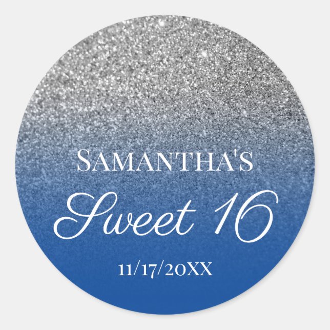 Personalised Blue Silver Ombre Glitter Sweet 16 Classic Round Sticker (Front)