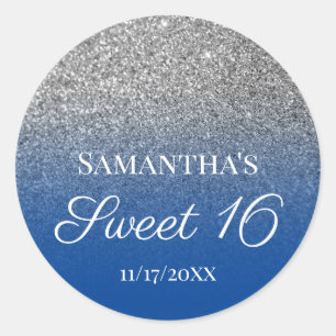 Personalised Blue Silver Ombre Glitter Sweet 16 Classic Round Sticker