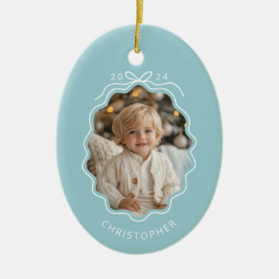 Personalised Blue Simple Bow Wavy Photo Christmas Ceramic Tree Decoration