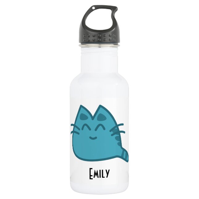 Personalised Blue Smiling Kitty Cat 532 Ml Water Bottle (Front)