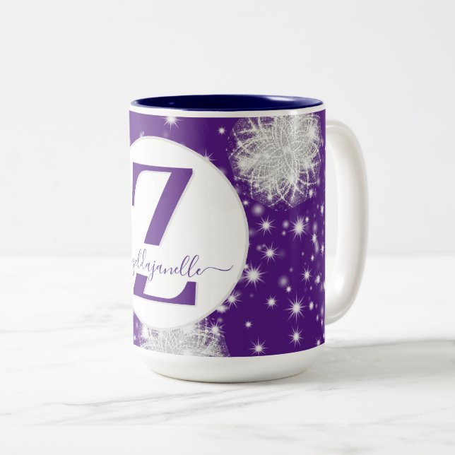 Personalised Blue Snowflake Custom Cocoa Tea Two-Tone Coffee Mug (Front Right)