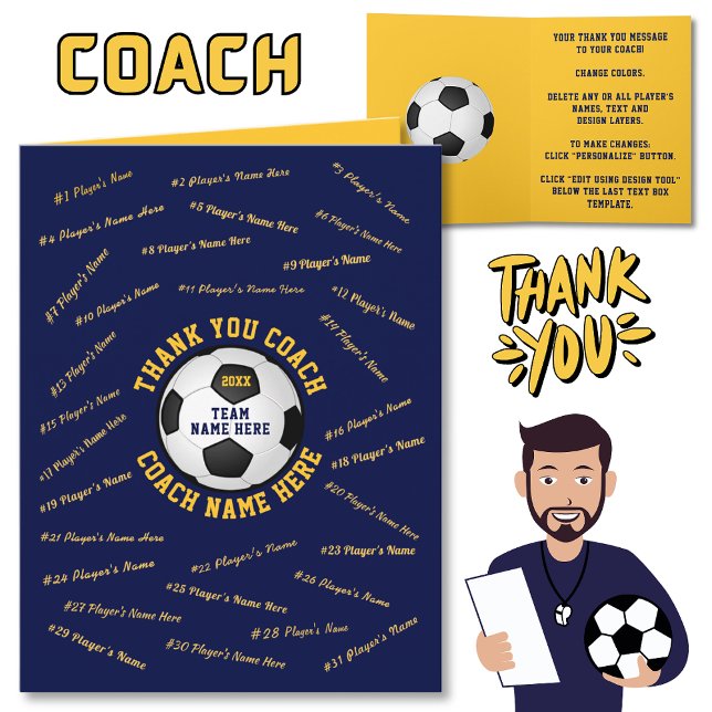 Personalised Blue, Soccer Coach Thank You Card (Soccer Coach Thank You Card. Cheap soccer coach gift ideas. Soccer coach card. )