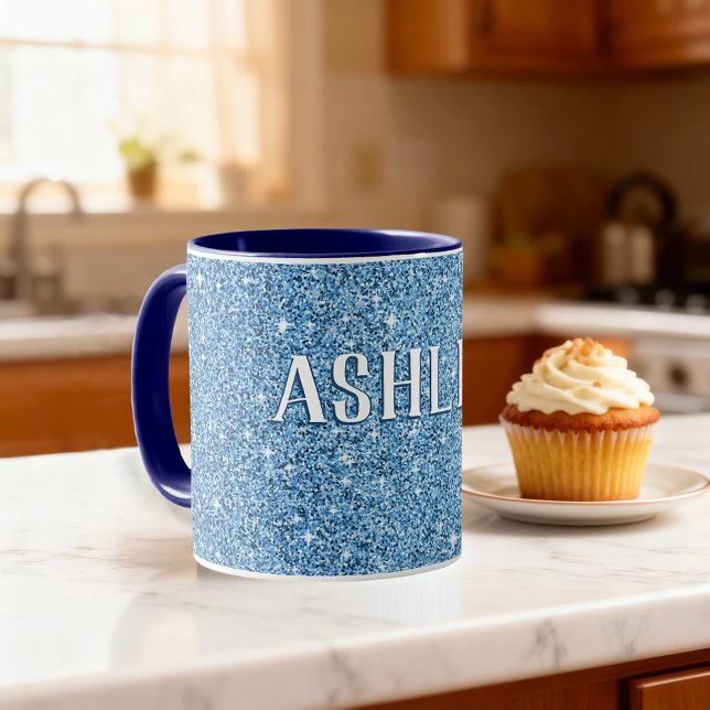 Personalised Blue Sparkly Glitter With Name Coffee Mug (Birthday gift idea! Personalized coffee mug with custom name.)