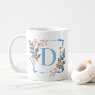 Personalised Blue Square Floral Border Monogram Mu Coffee Mug