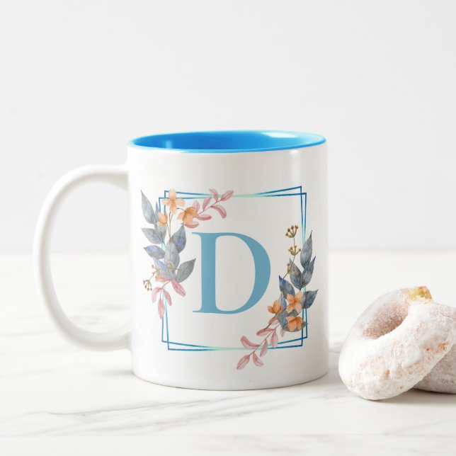 Personalised Blue Square Floral Border Monogram  Two-Tone Coffee Mug (With Donut)