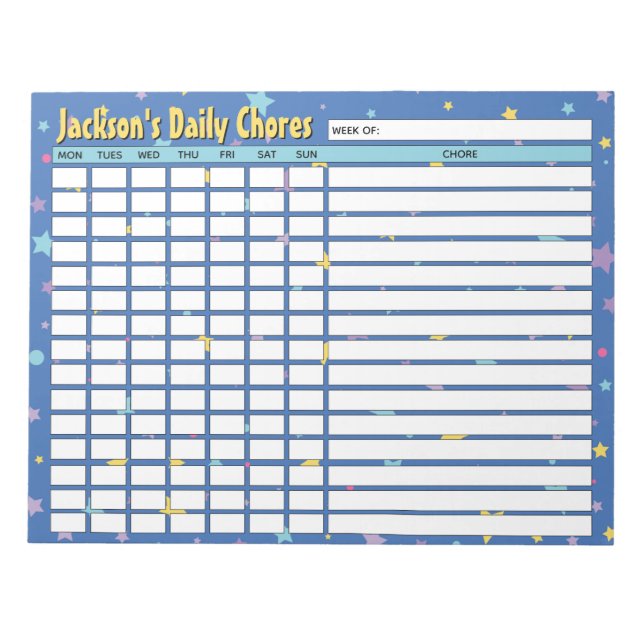 Personalised Blue Stars Daily Chores Chart Notepad (Front)