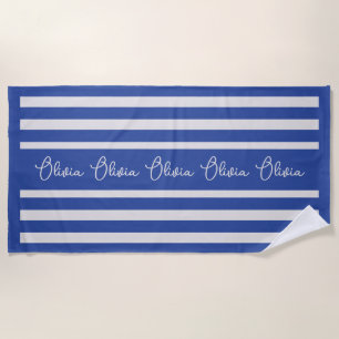 Personalised Blue Stripe Custom Initials Modern Beach Towel
