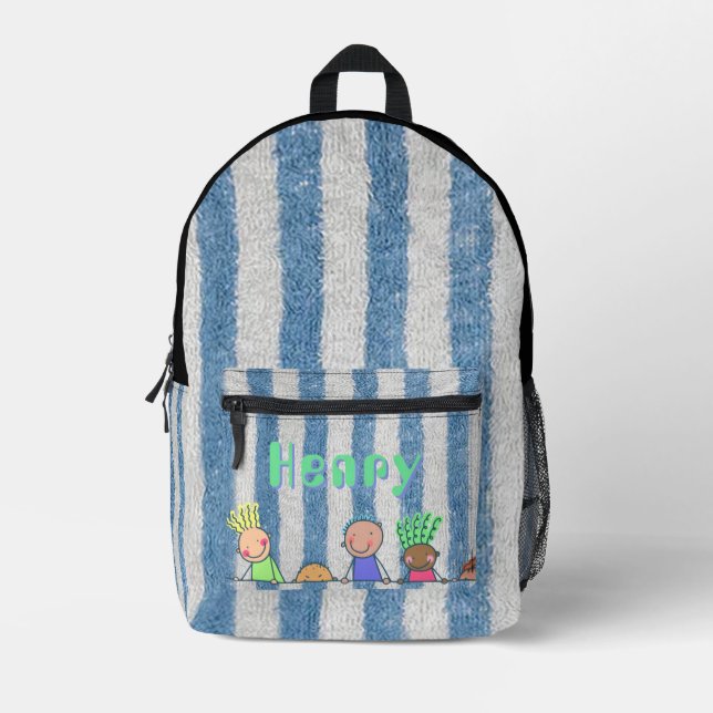 Personalised Blue Stripe  Printed Backpack (Front)